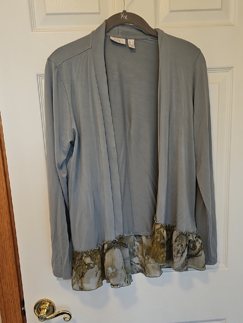 Logo By Lori Goldstein Light Blue Open Front Cardigan with Floral Hem